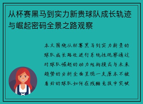 从杯赛黑马到实力新贵球队成长轨迹与崛起密码全景之路观察